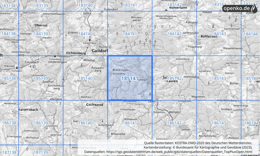 Übersichtskarte des KOSTRA-DWD-2020-Rasterfeldes Nr. 185141