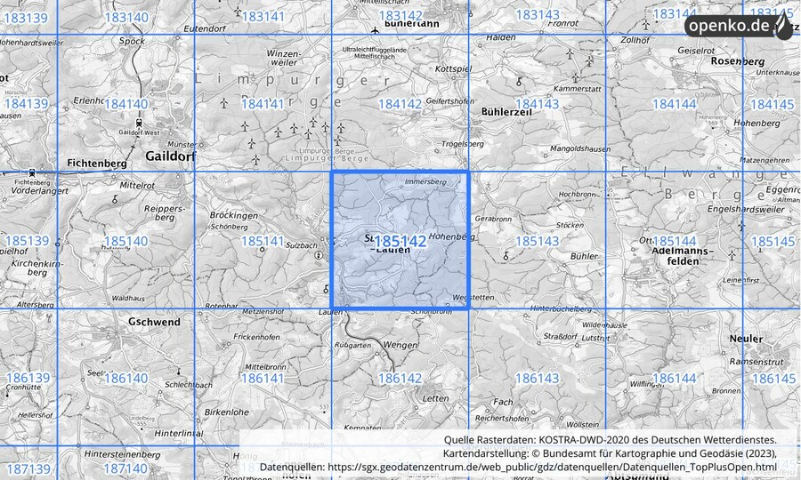 Übersichtskarte des KOSTRA-DWD-2020-Rasterfeldes Nr. 185142