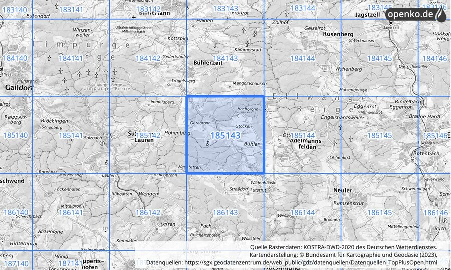 Übersichtskarte des KOSTRA-DWD-2020-Rasterfeldes Nr. 185143