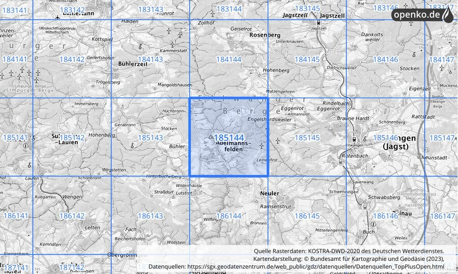 Übersichtskarte des KOSTRA-DWD-2020-Rasterfeldes Nr. 185144