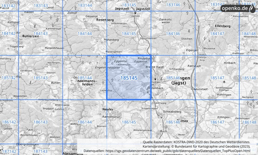 Übersichtskarte des KOSTRA-DWD-2020-Rasterfeldes Nr. 185145