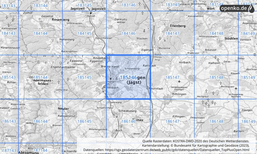 Übersichtskarte des KOSTRA-DWD-2020-Rasterfeldes Nr. 185146