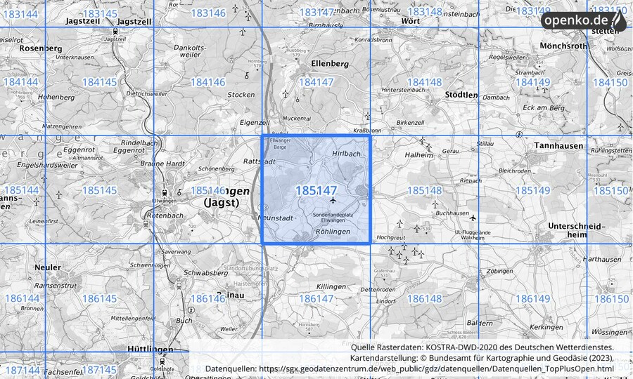 Übersichtskarte des KOSTRA-DWD-2020-Rasterfeldes Nr. 185147