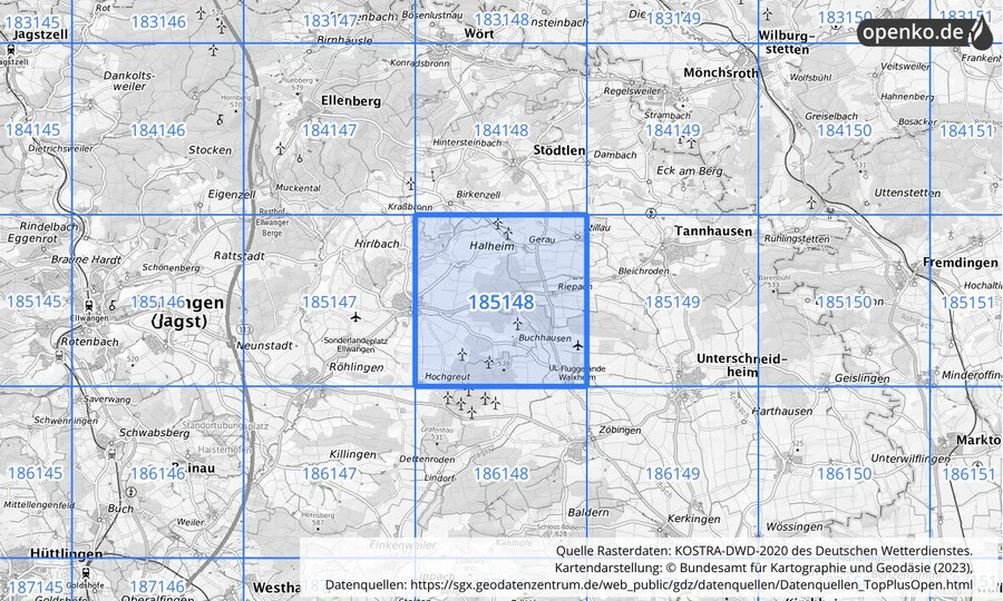 Übersichtskarte des KOSTRA-DWD-2020-Rasterfeldes Nr. 185148