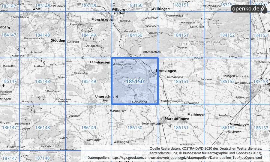 Übersichtskarte des KOSTRA-DWD-2020-Rasterfeldes Nr. 185150
