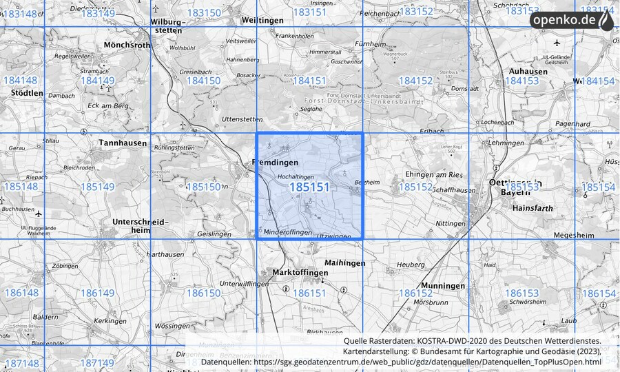 Übersichtskarte des KOSTRA-DWD-2020-Rasterfeldes Nr. 185151