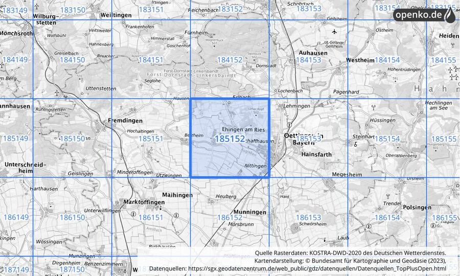 Übersichtskarte des KOSTRA-DWD-2020-Rasterfeldes Nr. 185152
