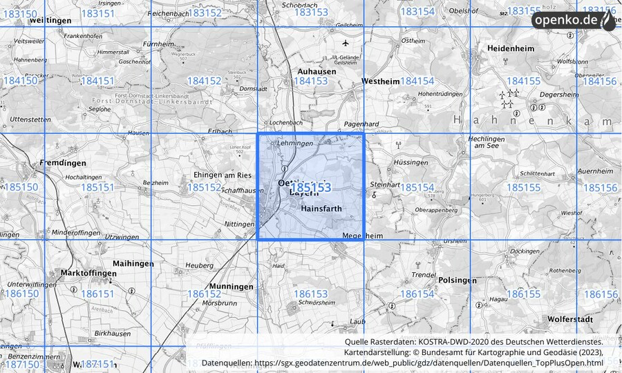 Übersichtskarte des KOSTRA-DWD-2020-Rasterfeldes Nr. 185153