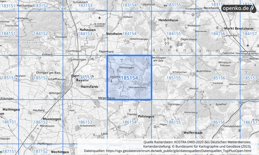 Übersichtskarte des KOSTRA-DWD-2020-Rasterfeldes Nr. 185154