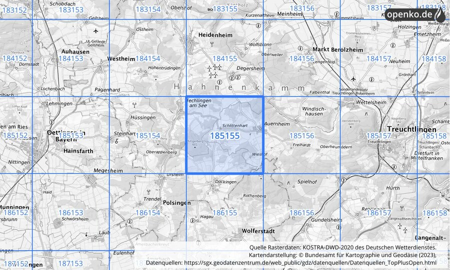 Übersichtskarte des KOSTRA-DWD-2020-Rasterfeldes Nr. 185155