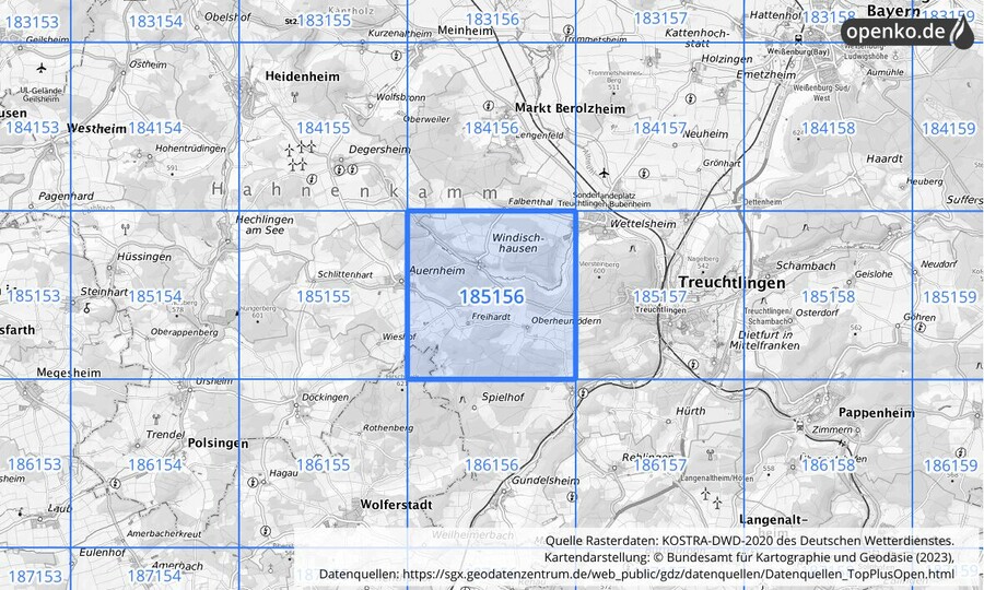 Übersichtskarte des KOSTRA-DWD-2020-Rasterfeldes Nr. 185156