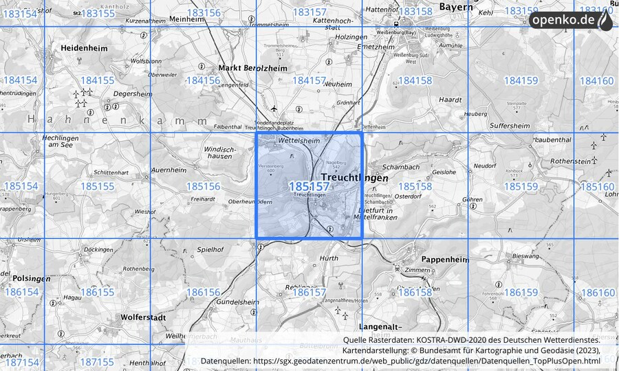 Übersichtskarte des KOSTRA-DWD-2020-Rasterfeldes Nr. 185157