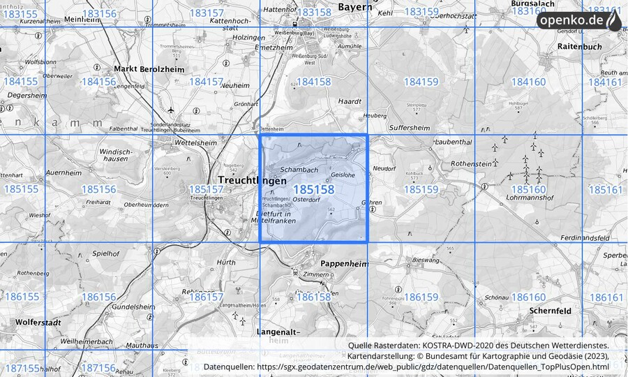 Übersichtskarte des KOSTRA-DWD-2020-Rasterfeldes Nr. 185158