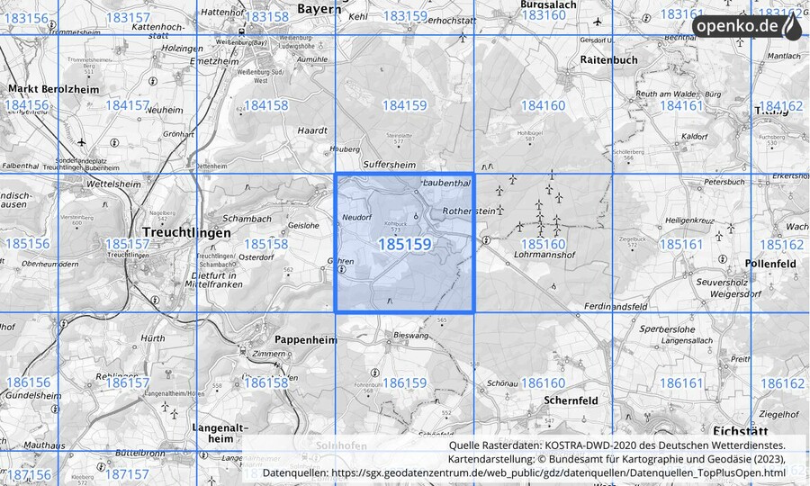 Übersichtskarte des KOSTRA-DWD-2020-Rasterfeldes Nr. 185159