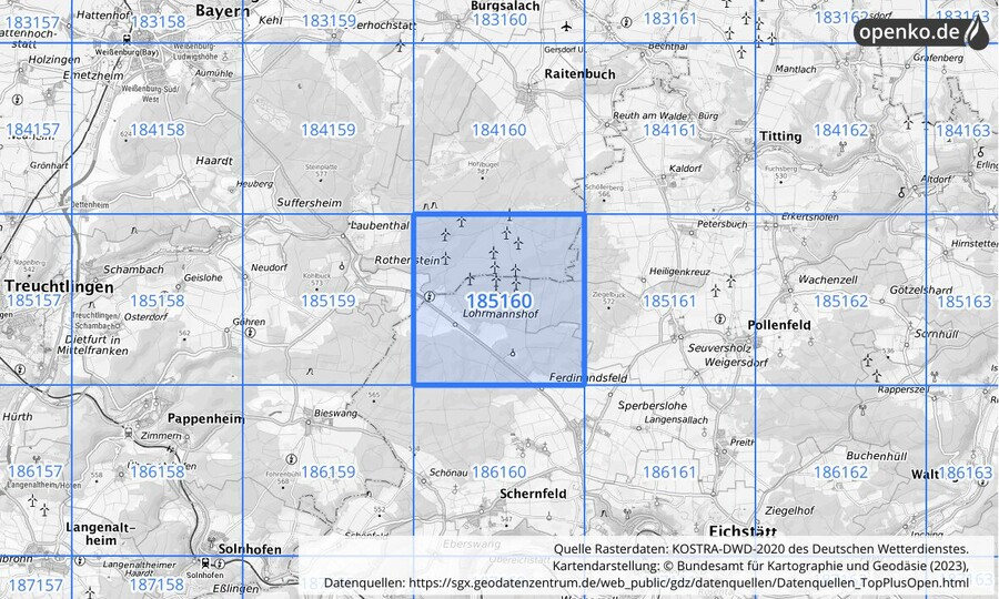 Übersichtskarte des KOSTRA-DWD-2020-Rasterfeldes Nr. 185160