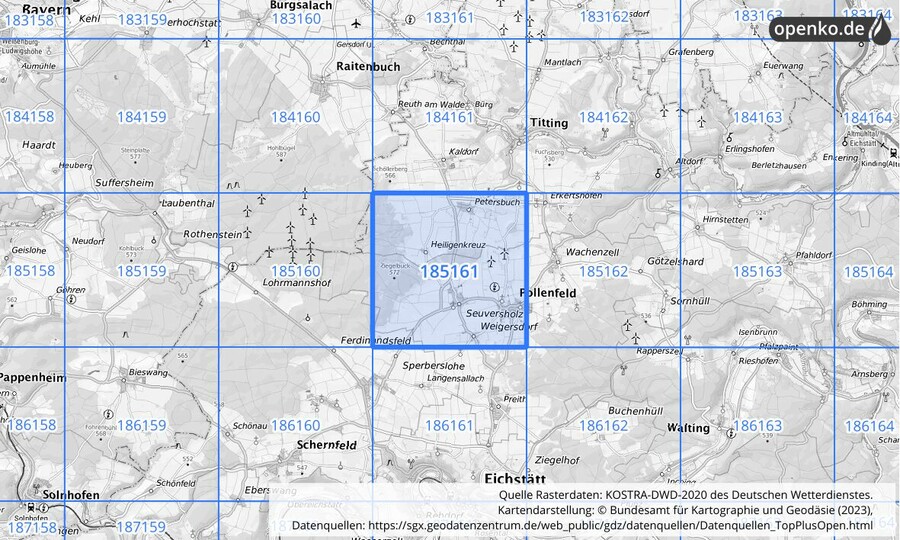 Übersichtskarte des KOSTRA-DWD-2020-Rasterfeldes Nr. 185161