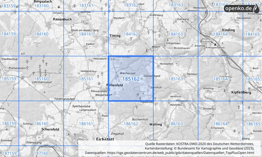 Übersichtskarte des KOSTRA-DWD-2020-Rasterfeldes Nr. 185162