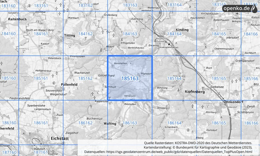 Übersichtskarte des KOSTRA-DWD-2020-Rasterfeldes Nr. 185163