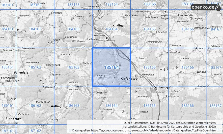 Übersichtskarte des KOSTRA-DWD-2020-Rasterfeldes Nr. 185164