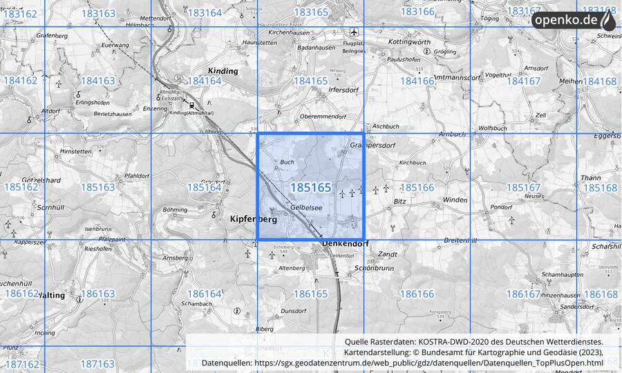 Übersichtskarte des KOSTRA-DWD-2020-Rasterfeldes Nr. 185165