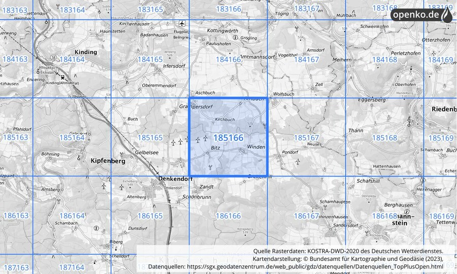 Übersichtskarte des KOSTRA-DWD-2020-Rasterfeldes Nr. 185166