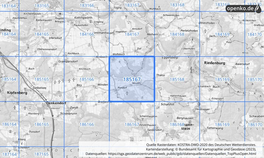 Übersichtskarte des KOSTRA-DWD-2020-Rasterfeldes Nr. 185167