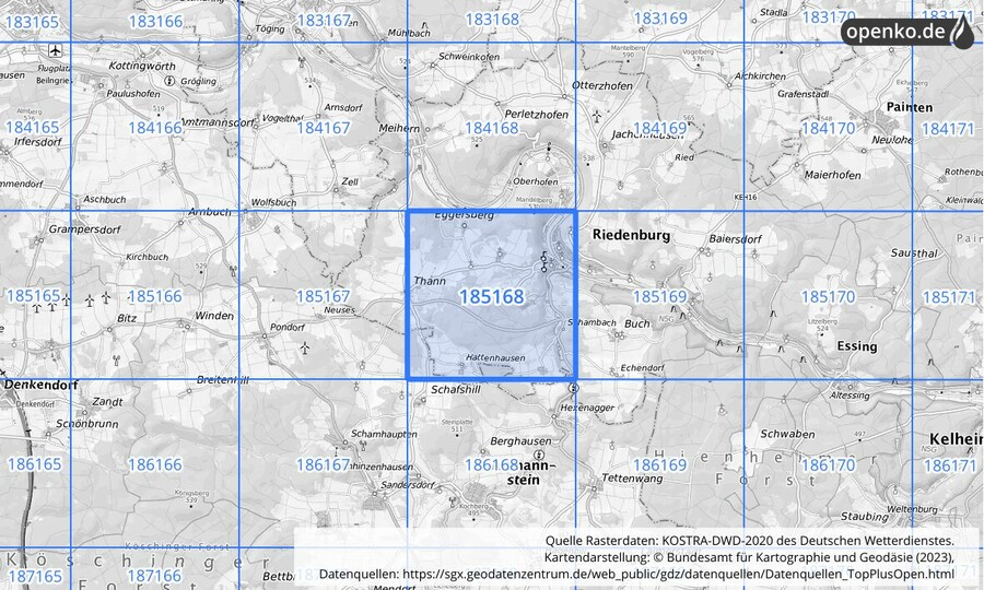 Übersichtskarte des KOSTRA-DWD-2020-Rasterfeldes Nr. 185168