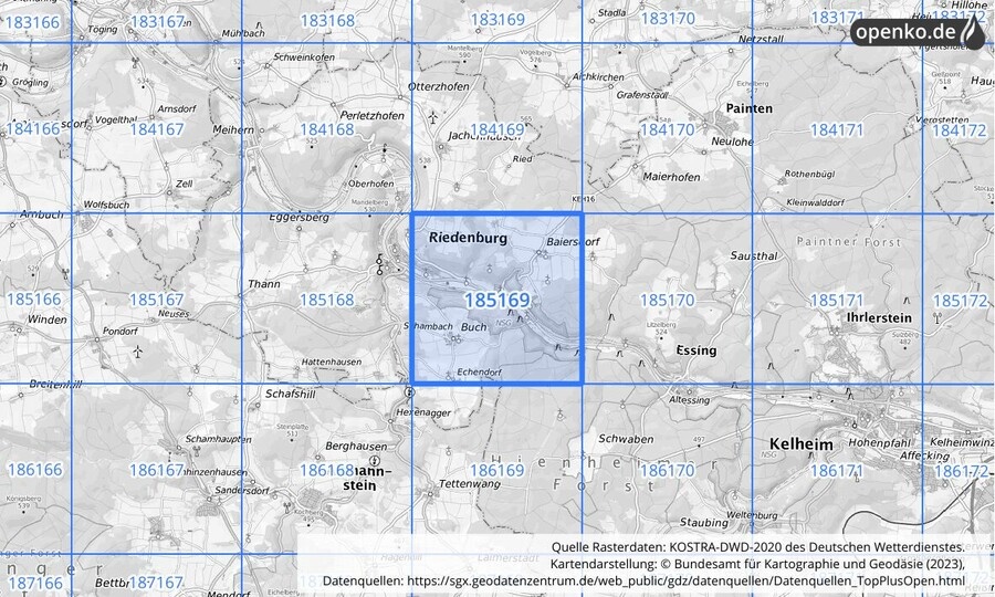 Übersichtskarte des KOSTRA-DWD-2020-Rasterfeldes Nr. 185169