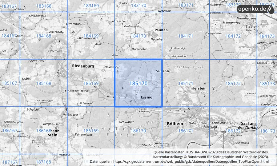 Übersichtskarte des KOSTRA-DWD-2020-Rasterfeldes Nr. 185170