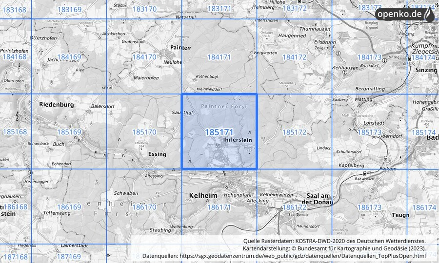 Übersichtskarte des KOSTRA-DWD-2020-Rasterfeldes Nr. 185171