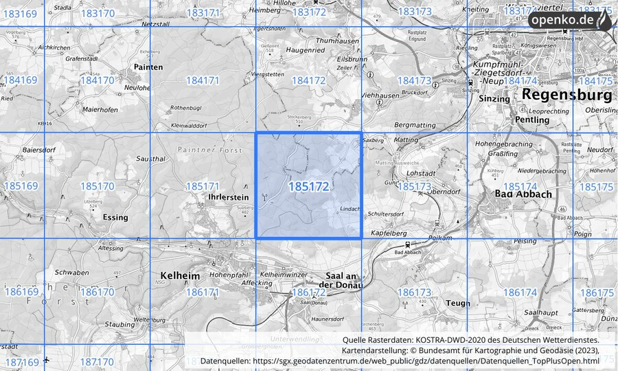 Übersichtskarte des KOSTRA-DWD-2020-Rasterfeldes Nr. 185172