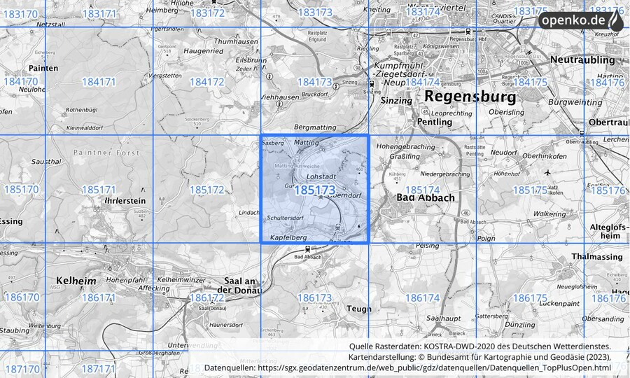 Übersichtskarte des KOSTRA-DWD-2020-Rasterfeldes Nr. 185173