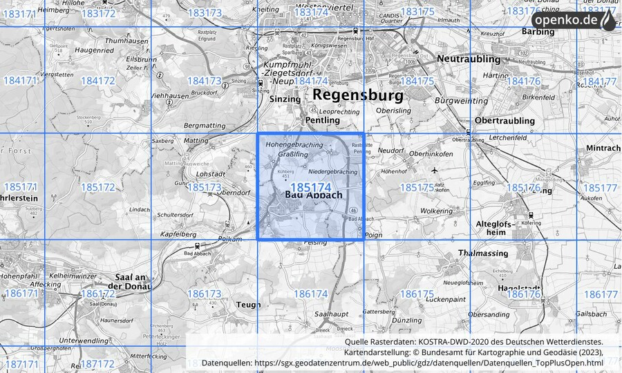 Übersichtskarte des KOSTRA-DWD-2020-Rasterfeldes Nr. 185174