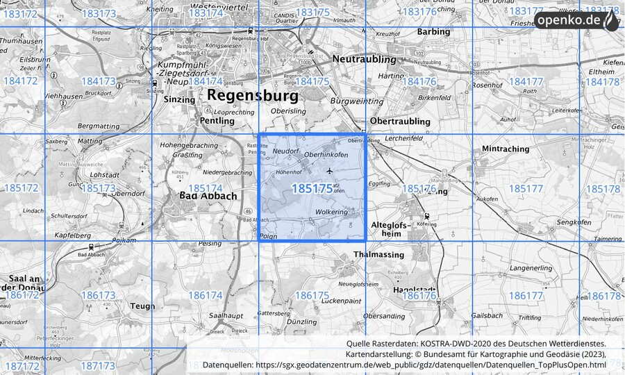 Übersichtskarte des KOSTRA-DWD-2020-Rasterfeldes Nr. 185175