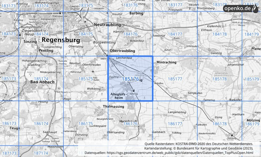 Übersichtskarte des KOSTRA-DWD-2020-Rasterfeldes Nr. 185176