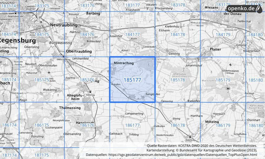 Übersichtskarte des KOSTRA-DWD-2020-Rasterfeldes Nr. 185177