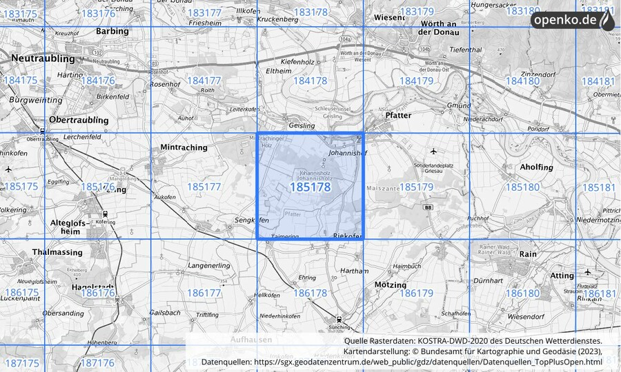 Übersichtskarte des KOSTRA-DWD-2020-Rasterfeldes Nr. 185178