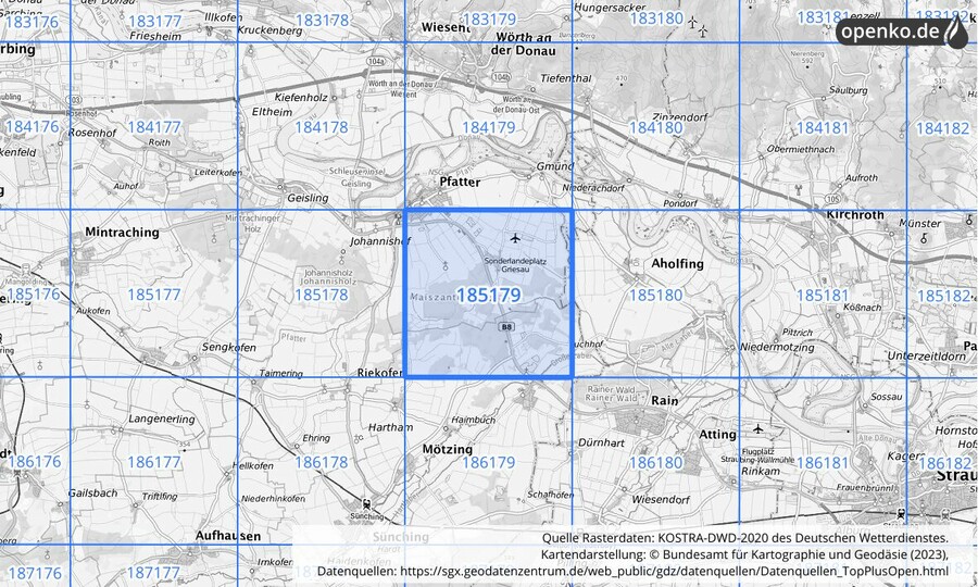 Übersichtskarte des KOSTRA-DWD-2020-Rasterfeldes Nr. 185179