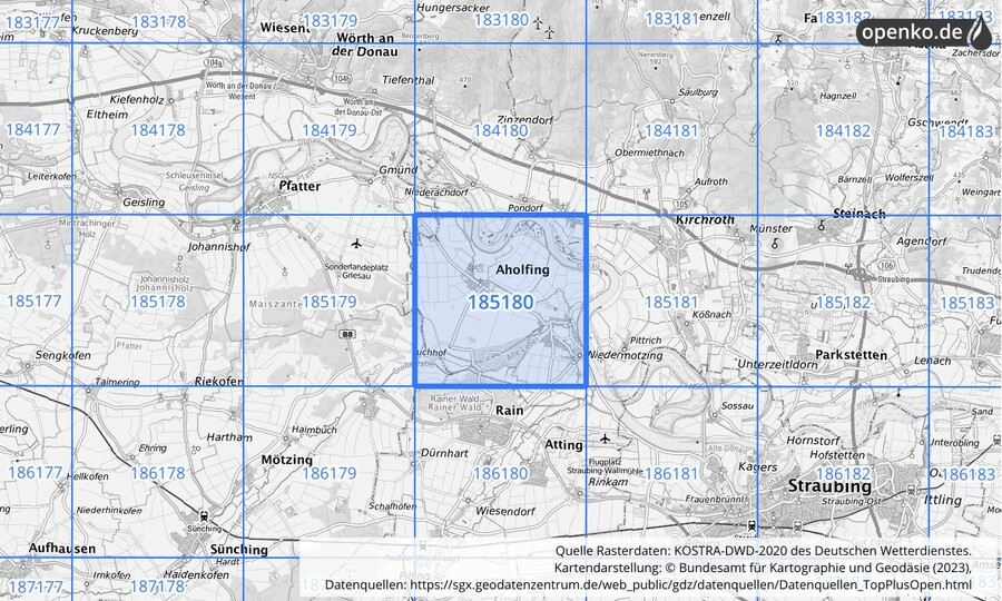 Übersichtskarte des KOSTRA-DWD-2020-Rasterfeldes Nr. 185180