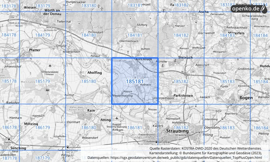 Übersichtskarte des KOSTRA-DWD-2020-Rasterfeldes Nr. 185181