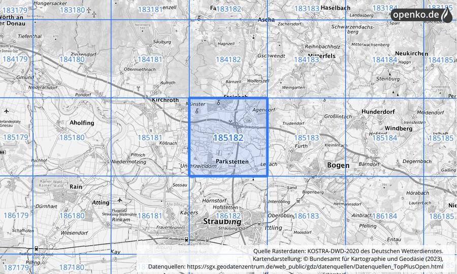 Übersichtskarte des KOSTRA-DWD-2020-Rasterfeldes Nr. 185182