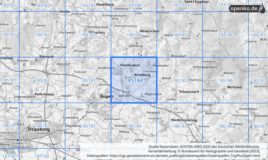 Übersichtskarte des KOSTRA-DWD-2020-Rasterfeldes Nr. 185184