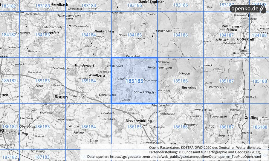 Übersichtskarte des KOSTRA-DWD-2020-Rasterfeldes Nr. 185185