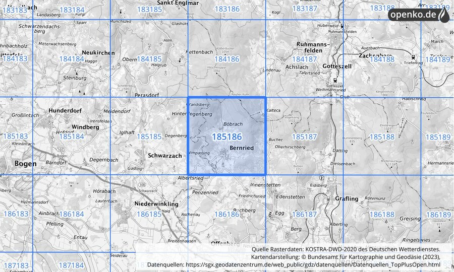 Übersichtskarte des KOSTRA-DWD-2020-Rasterfeldes Nr. 185186