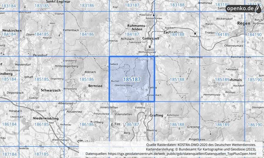 Übersichtskarte des KOSTRA-DWD-2020-Rasterfeldes Nr. 185187