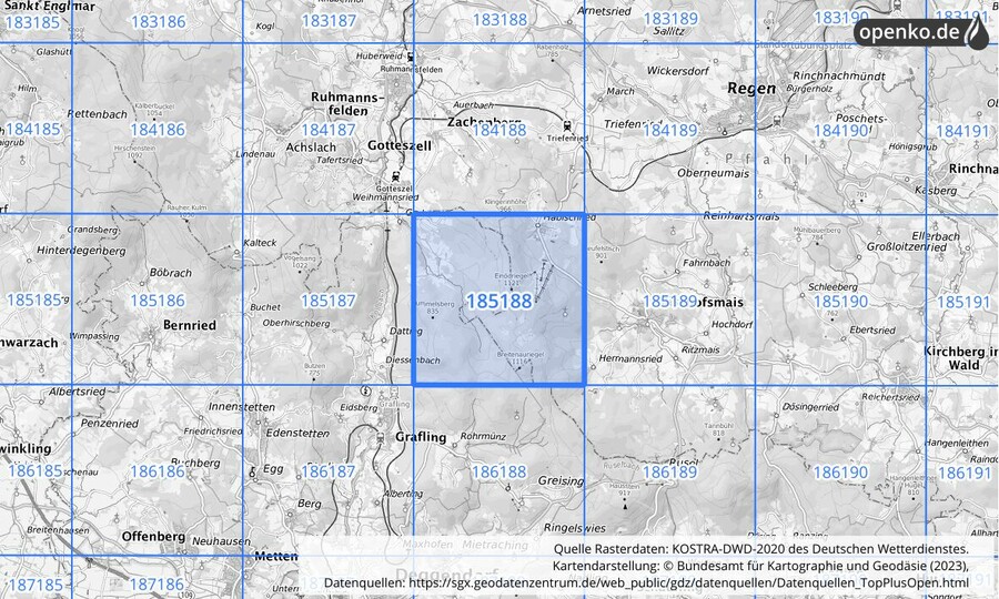 Übersichtskarte des KOSTRA-DWD-2020-Rasterfeldes Nr. 185188