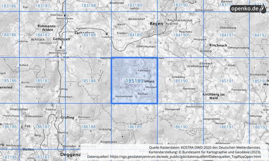 Übersichtskarte des KOSTRA-DWD-2020-Rasterfeldes Nr. 185189