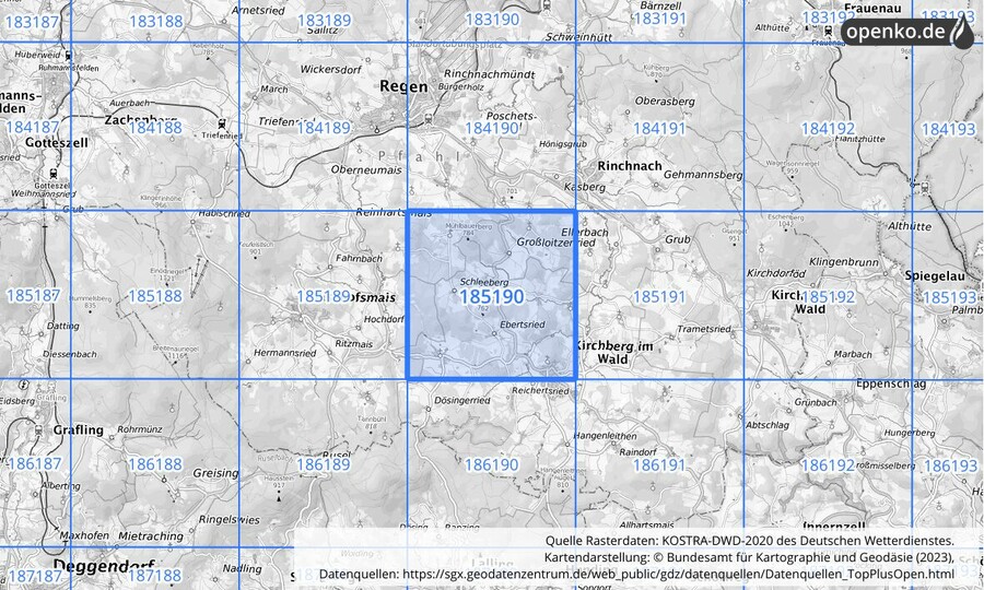 Übersichtskarte des KOSTRA-DWD-2020-Rasterfeldes Nr. 185190