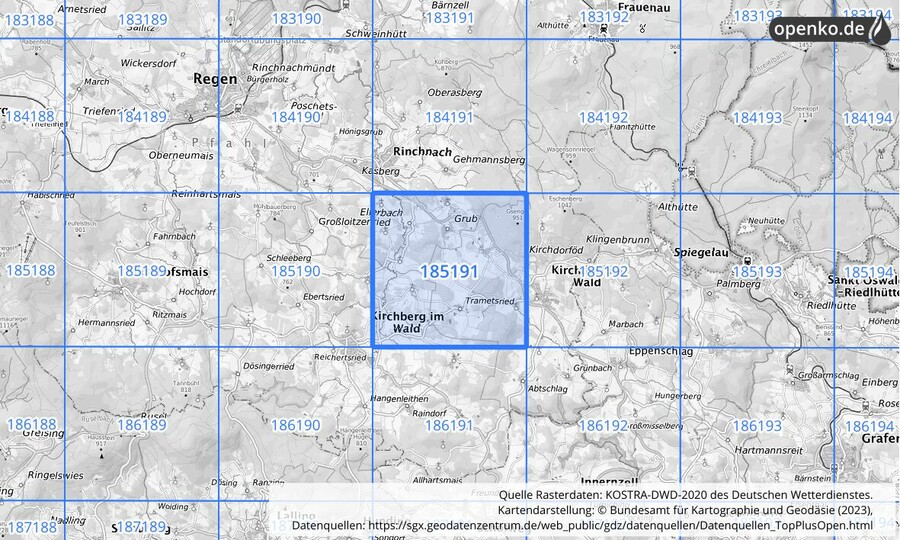 Übersichtskarte des KOSTRA-DWD-2020-Rasterfeldes Nr. 185191
