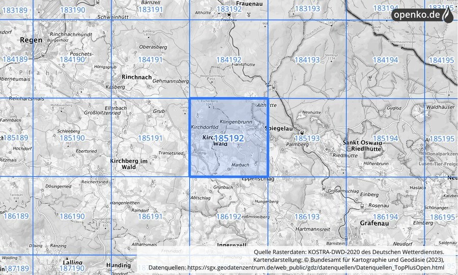 Übersichtskarte des KOSTRA-DWD-2020-Rasterfeldes Nr. 185192